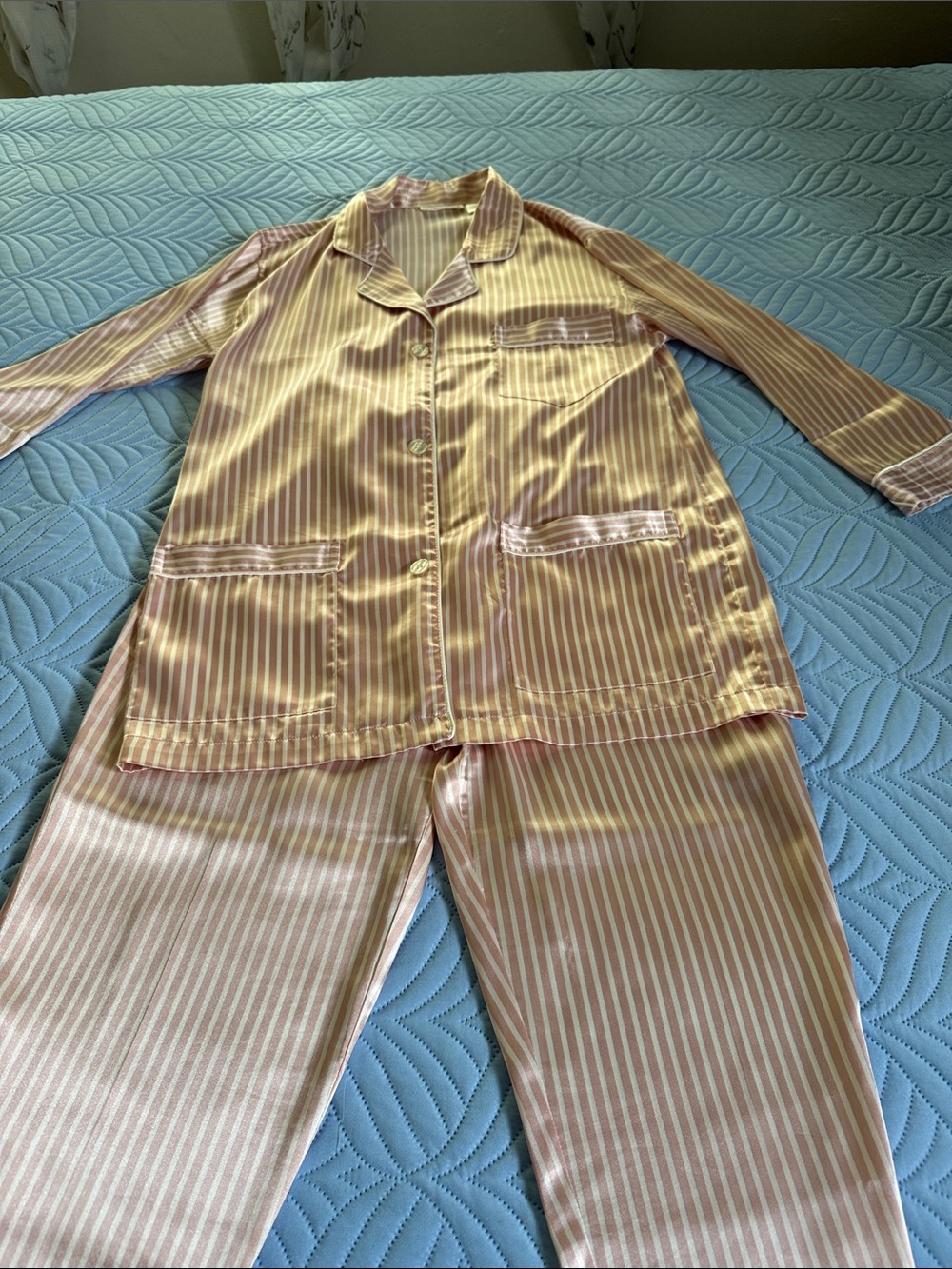 Victoria's Secret Pink and Cream Striped Satin Pajama Set